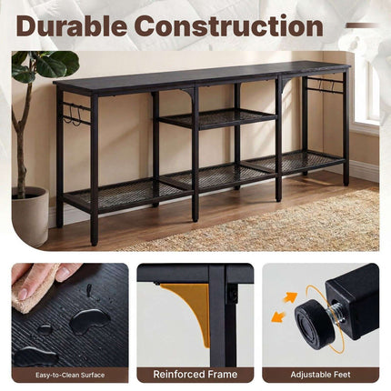 Industrial TV Stand for 65 Inch TVs with Mesh Shelves, Black, 4 Hooks
