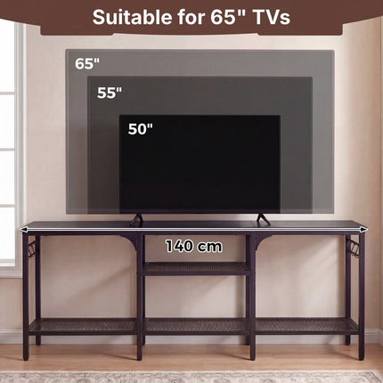 Industrial TV Stand for 65 Inch TVs with Mesh Shelves, Black, 4 Hooks