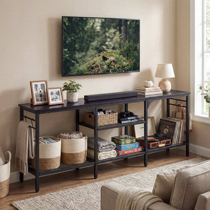 Industrial TV Stand for 65 Inch TVs with Mesh Shelves, Black, 4 Hooks