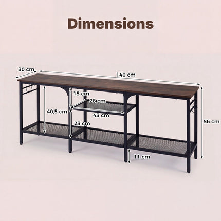 Industrial TV Stand for 65 Inch TVs with Mesh Shelves, Rustic Brown, 4 Hooks