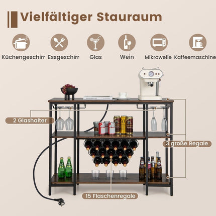 Industrial Wine Rack with Glass Holder & Shelves & Sockets for 15 Wine Bottles Wine Cabinet Brown