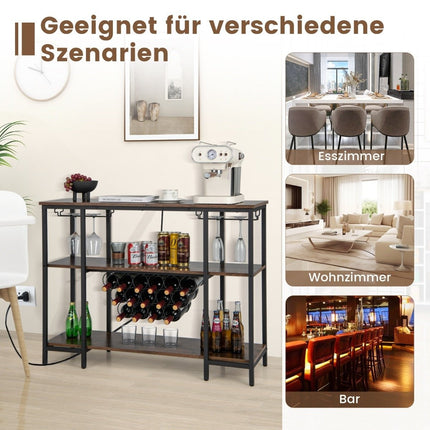 Industrial Wine Rack with Glass Holder & Shelves & Sockets for 15 Wine Bottles Wine Cabinet Brown
