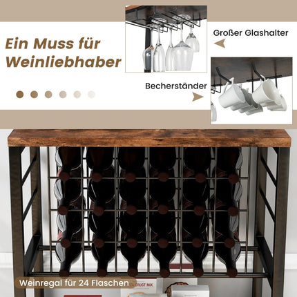 Industrial Wine Rack with Glass Holders, 24 Bottles, USB Ports