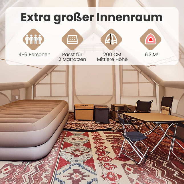 Opblaasbare kampeertent, 4-6 personen, waterdicht, beige