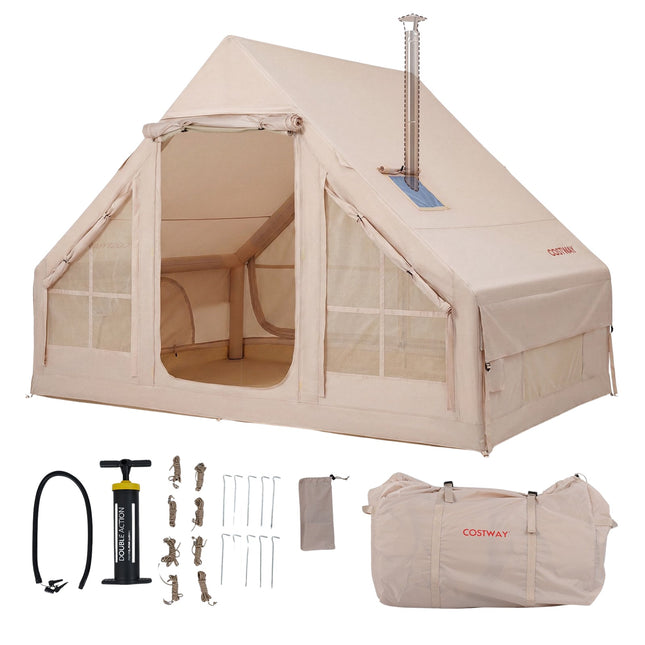 Opblaasbare kampeertent, 4 personen, inclusief luchtpomp, waterdicht; met schoorsteenopening.