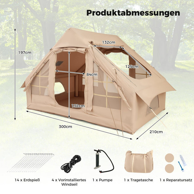 Opblaasbare kampeertent voor 4-6 personen, met 4 ramen van gaas.