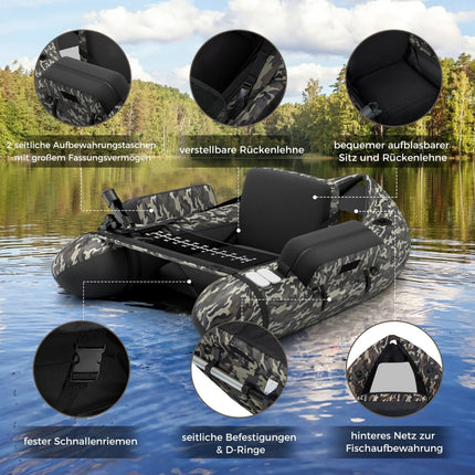 Nafukovací rybářský belly boat s nastavitelnou opěrkou, 135x109x54 cm