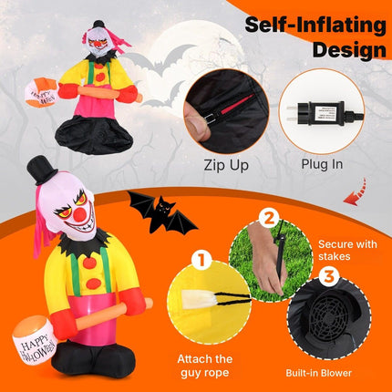 Inflatable Halloween Clown with LED Lights and Flashing Eyes, 180 x 240 cm