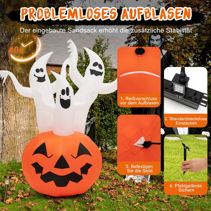 Nafukovací halloweenští duchové s dýní, LED, 182 cm