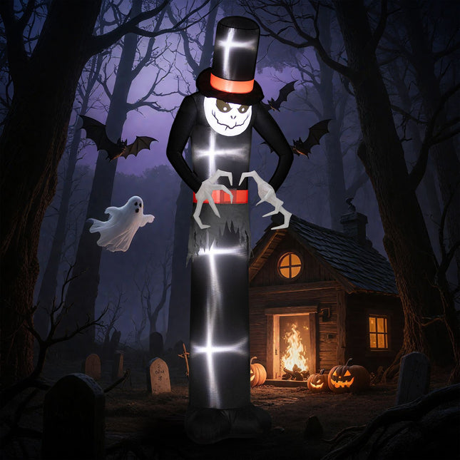 Nafukovací halloweenský duch s kloboukem, 5 LED světel, 306cm