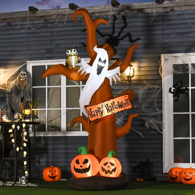 Nafukovací halloweenský strom s duchem, dýní a LED osvětlením, 2.7m