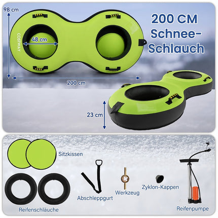 Inflatable Snow Tube for 2, Green, Includes Pump & Handles