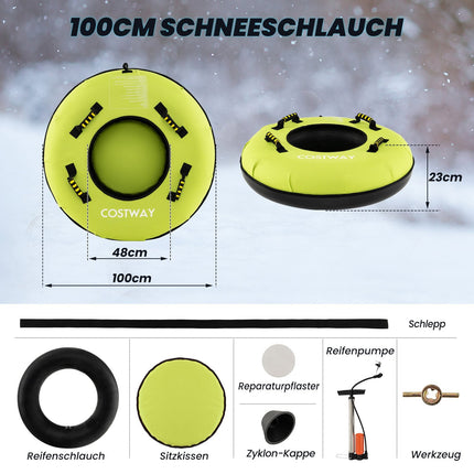 Nafukovací sněžný kruh s tažným lanem a pumpou, 100cm, zelená