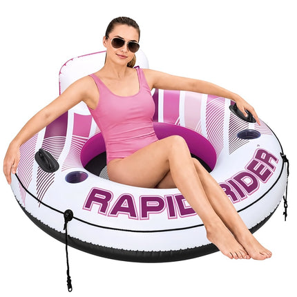 Inflatable Swim Ring Chair with Backrest and Cup Holders, 135 cm, White Pink