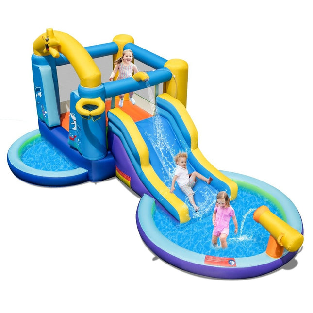Opblaasbaar waterglijbaanpark met 2 zwembaden, 680W blower en waterkanon (blauw)