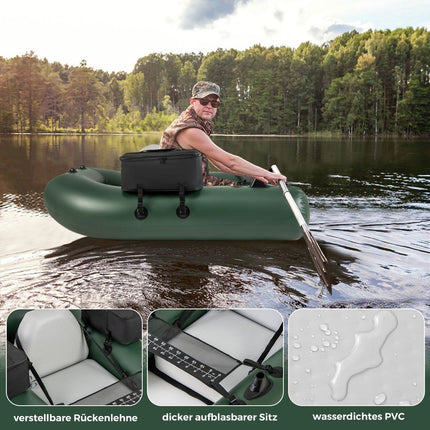 Inflatable fishing boat, inflatable boat, fishing boat with backrest, paddle boat, 157 x 114 x 35 cm