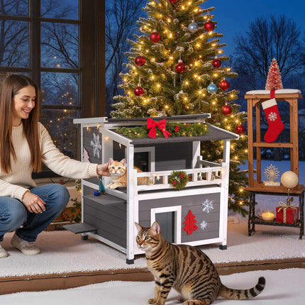 Insulated Outdoor Cat House, 2-Story Wooden, Waterproof