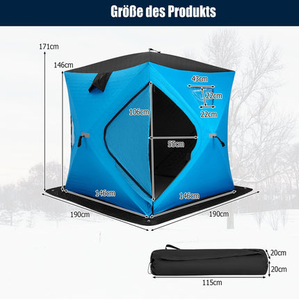 Zateplený samorozkládací rybářský stan na led, pro 2 osoby, modrá