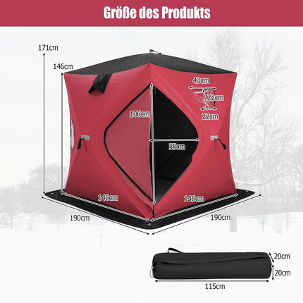 Zateplený samorozkládací rybářský stan na led, pro 2 osoby, červená