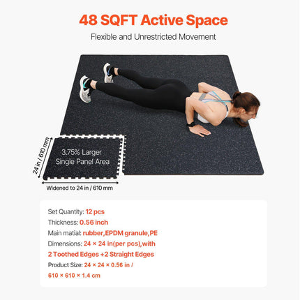 Interlocking Gym Floor Mats, 12 Tiles, 25 x 25 in, 0.56 in Thick