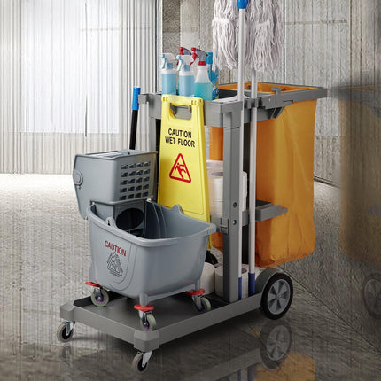 Janitorial Cart, 3-Shelf, 200 lb Capacity, 25 Gal Bag