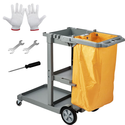 Janitorial Cart, 3-Shelf, 200 lb Capacity, 25 Gal Bag