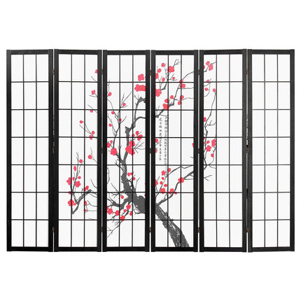 Japanese Room Divider, 6 Panel Folding Wood Screen, Cherry Blossom