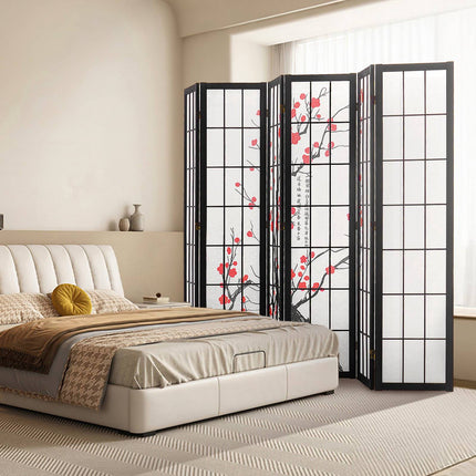 Japanese Room Divider, 6 Panel Folding Wood Screen, Cherry Blossom