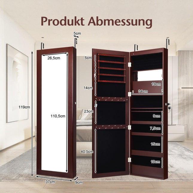 Sieradenkast met spiegel, cosmeticakast met beklede planken, haken en vakken, bruin