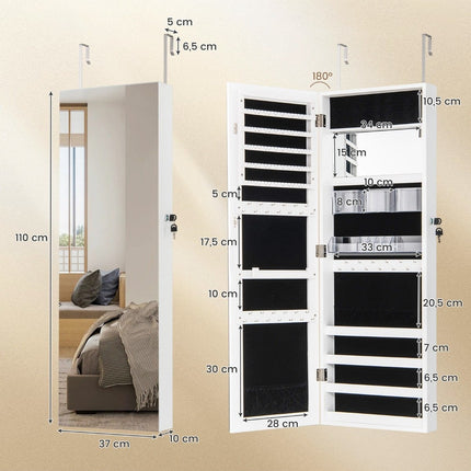 Jewelry Armoire with Full-Length Mirror, Wall/Door Mount, White