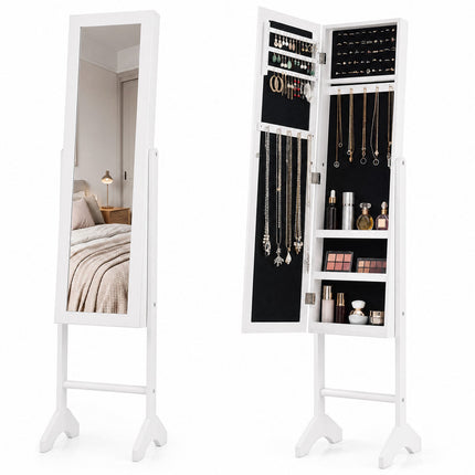Jewelry Armoire with Mirror, Velvet Lining, White
