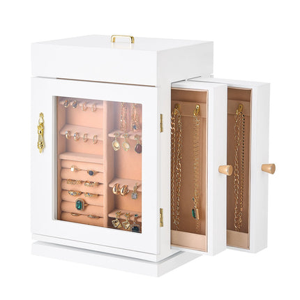 Jewelry Box Organizer – 360 Rotating, Magnetic Door, White