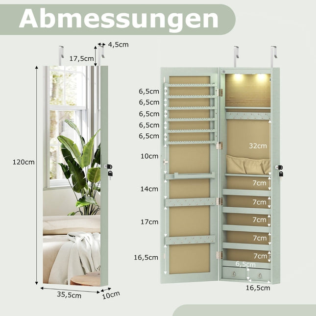 Jewelry Cabinet with LED Light, Mirror, Lockable, Green