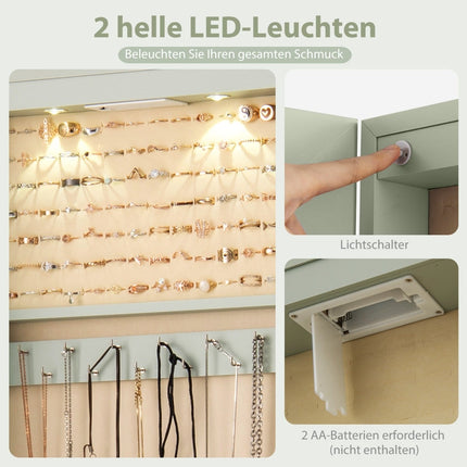 Šperkovnice s LED osvětlením, zrcadlem, uzamykatelná, zelená