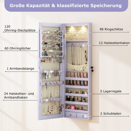 Šperkovnice s LED osvětlením, zrcadlem, uzamykatelná, fialová