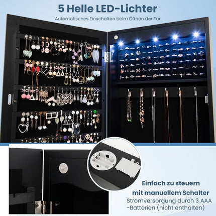 Šperkovnice se zrcadlem a LED světly, uzamykatelná, černá