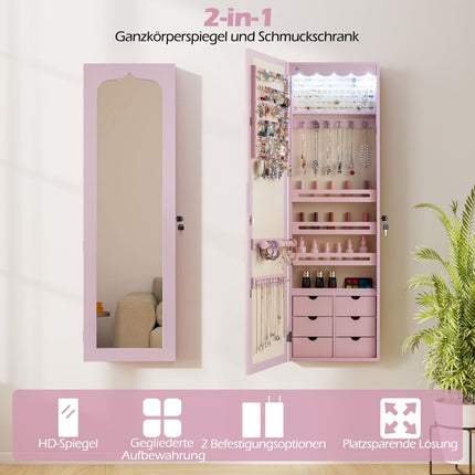 Šperkovnice se zrcadlem, LED, uzamykatelná, růžová