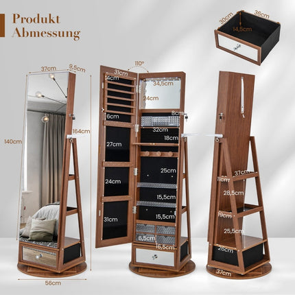Jewelry cabinet 360° rotating mirror cabinet with full-length mirror 140 x 37 cm brown