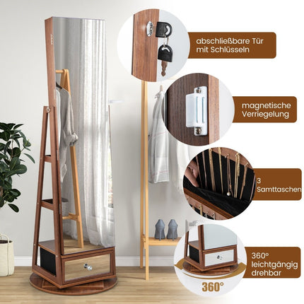 Jewelry cabinet 360° rotating mirror cabinet with full-length mirror 140 x 37 cm brown