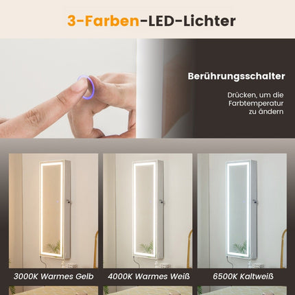 Jewelry cabinet hanging mirror cabinet lockable with three-color LED lighting white