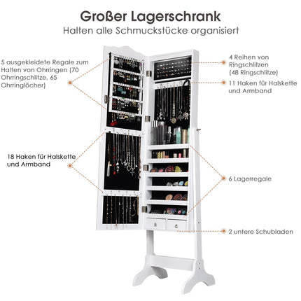 Šperkovnice organizér na šperky s celopostavovým zrcadlem ve dvířkách 41.5 x 37 x 160 cm, bílá