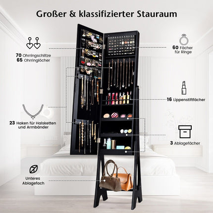 Šperkovnice se stojacím zrcadlem 2v1, celopostavové zrcadlo s 12 LED 36 x 33.5 x 154.5 cm, černá
