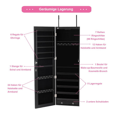 Jewelry cabinet wall mirror with LED lighting mirror cabinet 120 x 35.5 x 10 cm black/white-black
