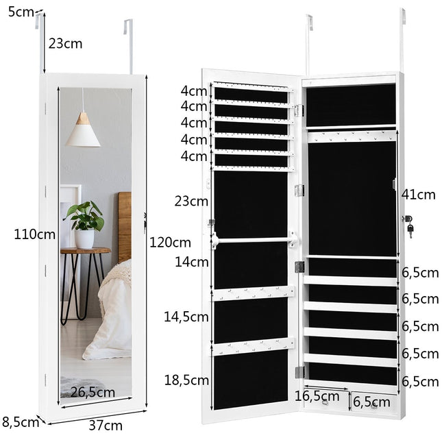 Šperkovnice s 15 LED, regál na šperky, organizér na šperky 37 x 8.5 x 120 cm, bílá