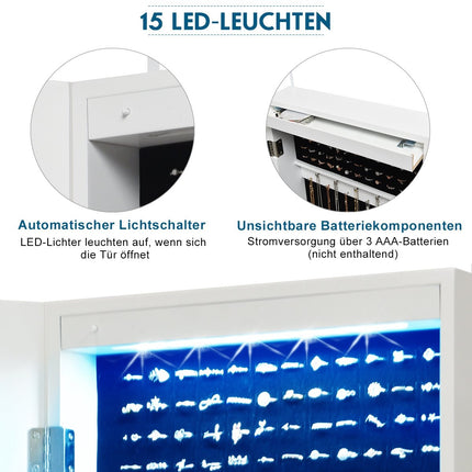 Šperkovnice s 15 LED světly a celopostavovým zrcadlem, montáž na dveře/zeď, bílá