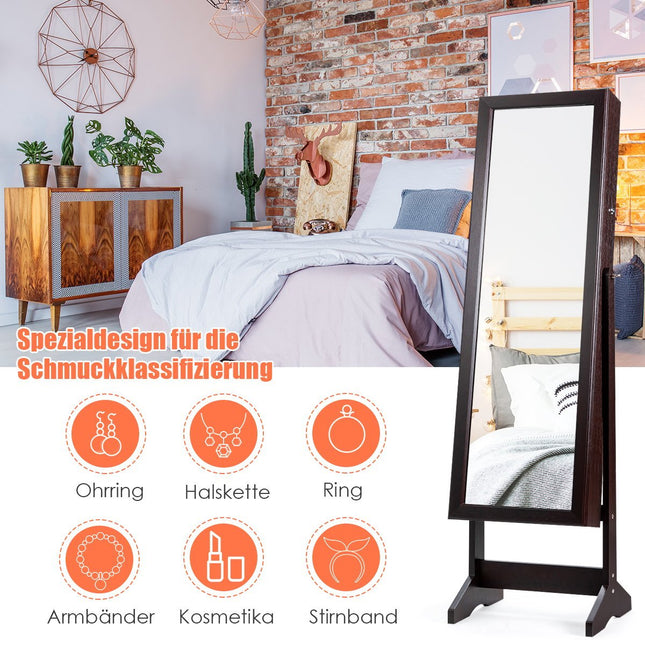Jewelry cabinet with full-length mirror, freestanding jewelry stand, 41 x 36.5 x 146 cm, brown