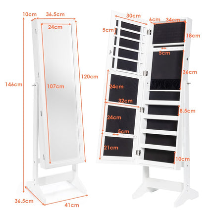 Šperkovnice s celopostavovým zrcadlem, stojan na šperky 41 x 36.5 x 146 cm, bílá