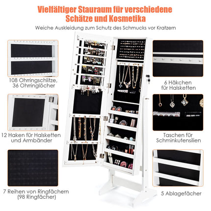 Šperkovnice s celopostavovým zrcadlem, stojan na šperky 41 x 36.5 x 146 cm, bílá