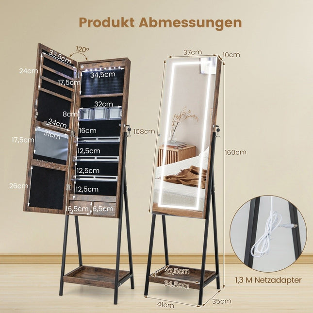 Jewelry cabinet with shelf & full-length mirror & 3 colored LED lights & 2 drawers brown