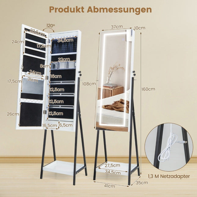 Jewelry cabinet with shelf & full-length mirror & 3 colored LED lights & 2 white drawers